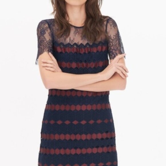 NWOT Sandro Adel Geometrical Lace Navy/Burgundy Mini Dress S (Orig. $298) - Picture 1 of 11
